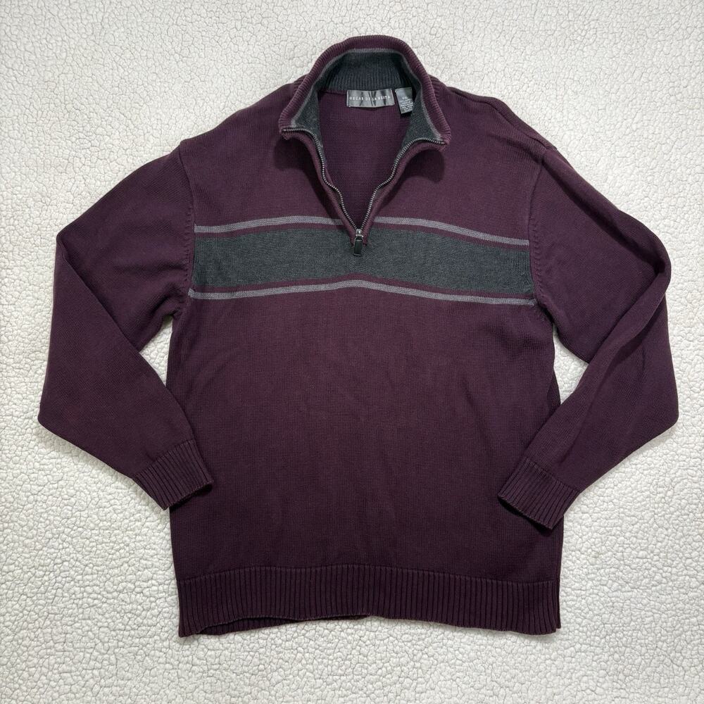 Oscar De La Renta 1/4 Zip Knit Sweater Mens Size XXL Plum Grey Stripe Cotton‎
